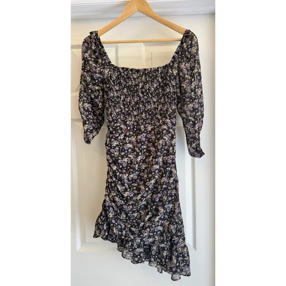 ASTR the Label Mini Dress M Black Purple‎ Floral Ruched Ruffle Smocked